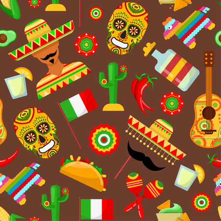 Seamless pattern with traditional Mexican attributes on brown backgroundsのイラスト素材
