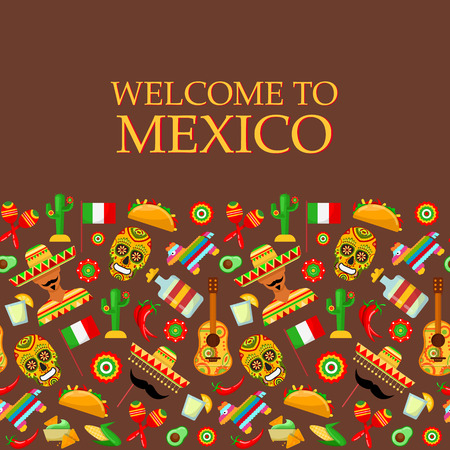 Seamless pattern with traditional Mexican attributes on brown backgroundsのイラスト素材