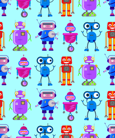 Seamless pattern with cute robots in flat style on blue backgroundのイラスト素材