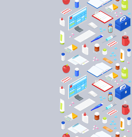 Seamless pattern with medical equipment on gray background. Vector illustrationのイラスト素材