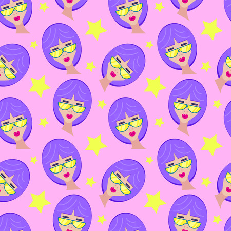 Seamless pattern with girl on sunglasses on pink background. Vector illustrationのイラスト素材
