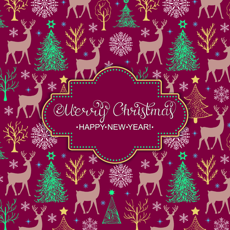 Christmas card with hand drawn trees,deers and snowflakes on red background.Vector illustration.のイラスト素材