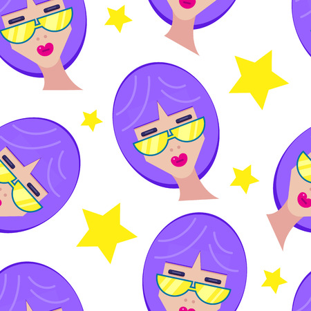 Seamless pattern with girl on sunglasses on white background. Vector illustrationのイラスト素材