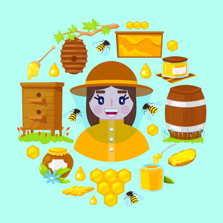 Happy apiarist in protective clothes and with different objects of beekeeping. Apiary theme. Vector illustration.のイラスト素材