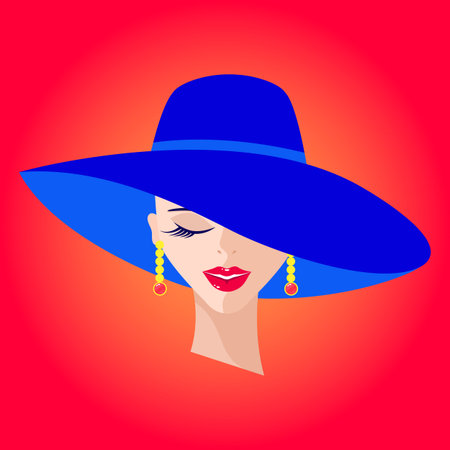 Portrait of woman in blue hat on gradient red backgroundのイラスト素材