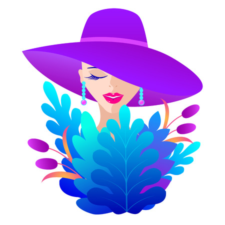 Portrait of woman in violet hat on white backgroundのイラスト素材