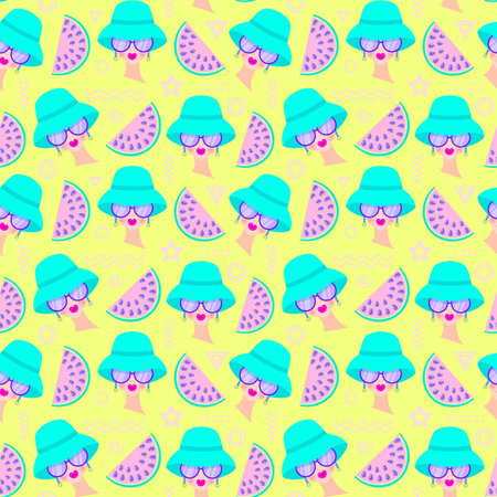 Seamless pattern with girl on sunglasses and watermelon on yellow background. Vector illustration