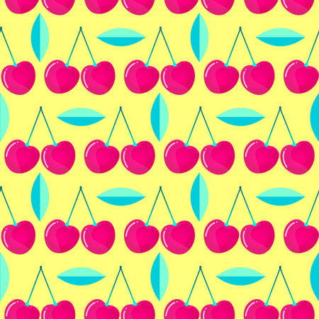 Seamless pattern with cherries and leaves on yellow background. Surface pattern.It be perfect for...