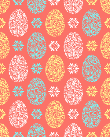 Seamless patterns with florals easter eggs on coral backgroundのイラスト素材