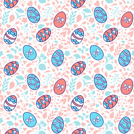 Seamless pattern with hand drawn easter eggs, flowers, leaves and other elements on white background.のイラスト素材