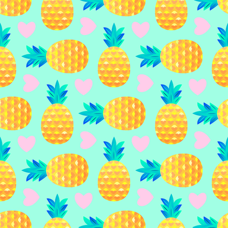 Seamless pattern with pineapples and hearts on mint background. Surface pattern.It be perfect for fabric, wrapping,packaging, digital paper and more.のイラスト素材