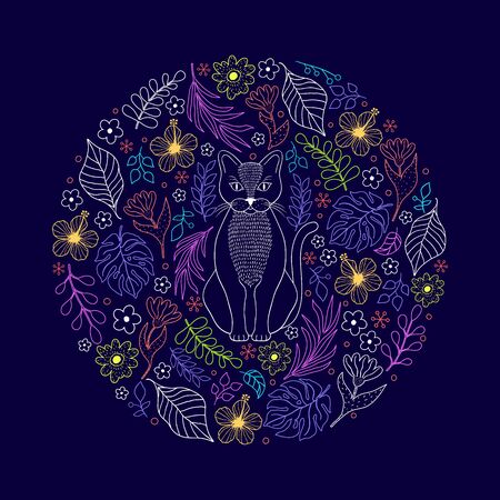 Colorful card with cat and flowers on dark backgroundのイラスト素材