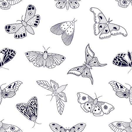 Seamless pattern with hand drawn butterflies and moths on white background. It can be used for fabric, surface textures, textile industry and others.のイラスト素材