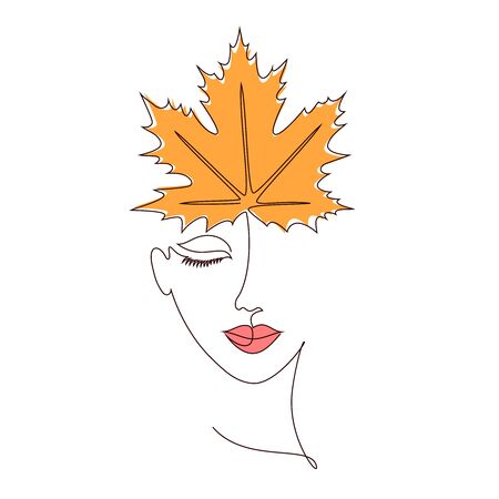 Girl with maple leaf on white background.One line drawing style.Autumn concept.のイラスト素材