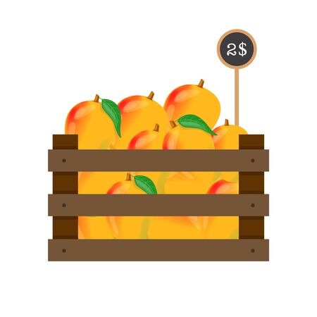 Mango with price tag in wooden grate on white background.のイラスト素材