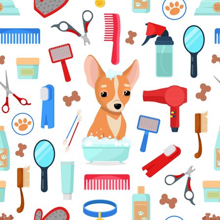 pattern with grooming tools and dogのイラスト素材
