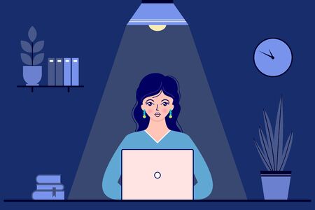 businesswoman in office at nightのイラスト素材