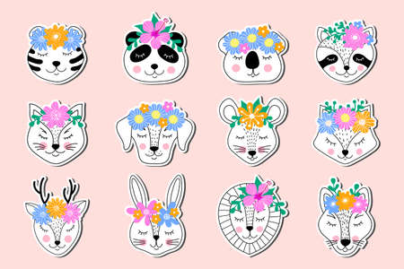 Collection of stickers of hand drawn animals on pink background..のイラスト素材