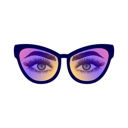 female eyes with colorful eyeglasses