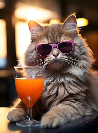 A quirky cat delights a refreshing drink at the bar. The cozy bar setting is beautifully lit, creating a warm ambiance.の素材