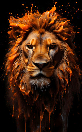Lion head on a black background with splashes of orange paintの素材