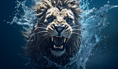 Portrait of a roaring lion in splashes of water.の素材