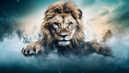 Lion with splashes of water.の素材