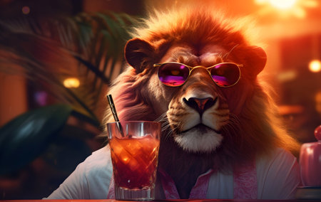 Lion in sunglasses with a drink sitting at the bar.の素材