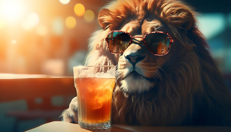 Lion in sunglasses with a drink sitting at the bar.の素材