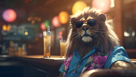 Lion in sunglasses with a drink sitting at the bar.の素材