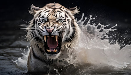 A growing white tiger emerges from the water.の素材