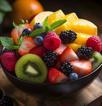 Close-up of fruit salad with raspberries, blackberries and kiwi pieces.の素材