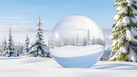 A large glass ball in which the winter snowy forest is reflected.の素材