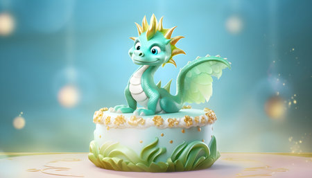 Cake decorated with confectionery mastic in the shape of a dragon on a light background.の素材