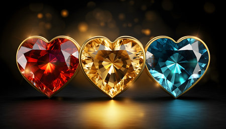 Multi-colored diamonds in the shape of a heart on a black background.の素材
