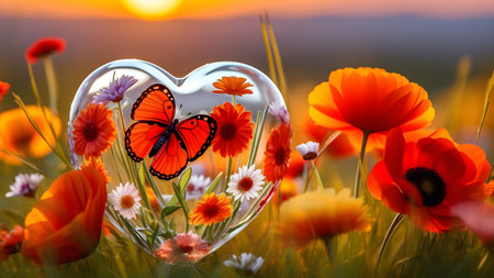 Glass heart reflecting a summer meadow.の素材