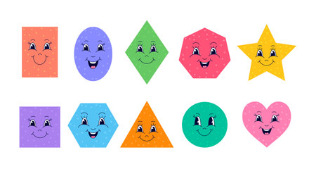 Geometric shapes with cute faces on white background. Simple and cute.のイラスト素材