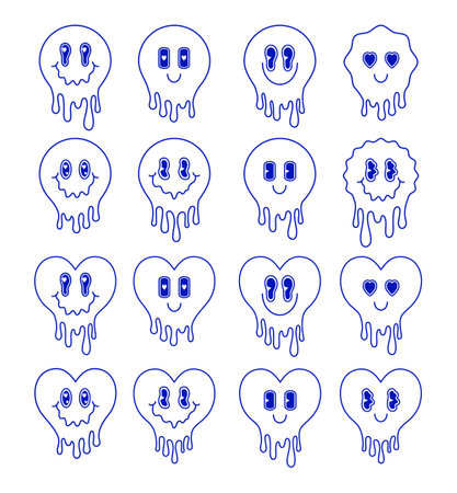 Set of melting hearts and melting emoji in cartoon style.のイラスト素材