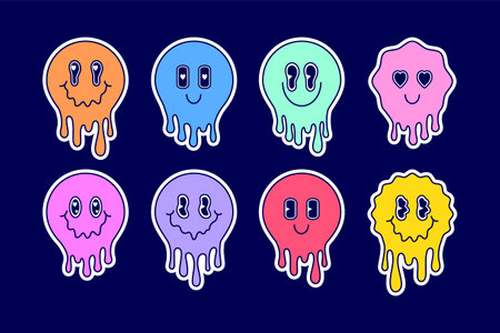 Set of stickers with melting emoji in cartoon style. Line art style.のイラスト素材