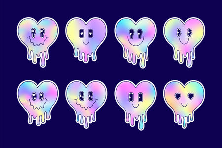 Set of stickers with melting hearts in cartoon style. Holographic colors.のイラスト素材