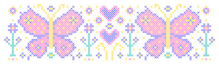 Pattern with butterflies, hearts and flowers in cross stitch style on white background.のイラスト素材
