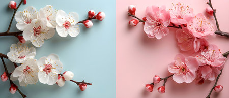 Background of soft blue and pink colors with spring flowersの素材