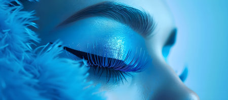 Close-up of woman's eyelashes in blue neon lightingの素材