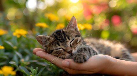 A cute little kitten sleeps on a human's palm.の素材