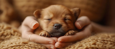 A small newborn puppy sleeps on human palmsの素材