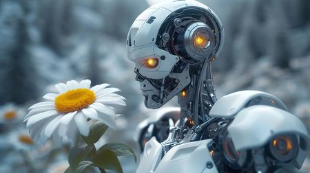 A robot with a human face looks at a flowerの素材