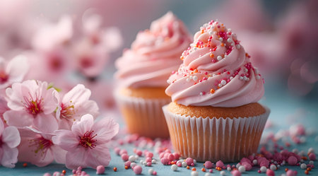 Cupcakes with spring flowers.の素材