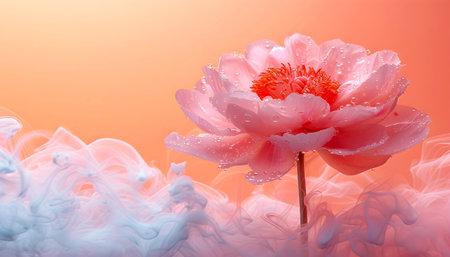 Colorful smoky background with pink peony flower.の素材