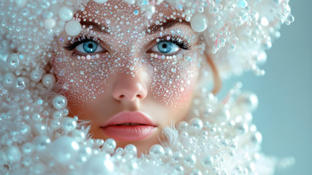 Close-up portrait of a beautiful girl with white pearls on her face.の素材