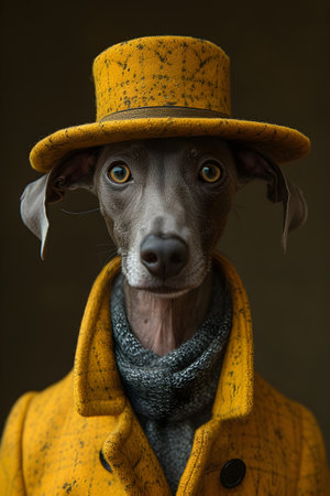 Portrait of an Italian greyhound dog wearing a yellow hat and coat.の素材